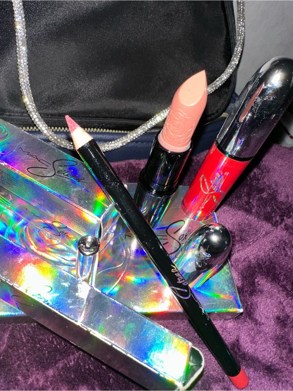 Selena MAC Cosmetics Nude Lipstick, Pink Lip Liner & Red Gloss Set